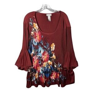 Catherines Floral‎ Print Top Womens Sz 3X Bell Sleeve Pleated Tunic Blouse